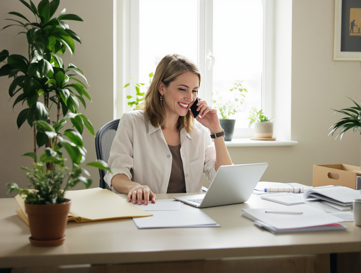 An agent smiling on a phone call at her home office, a tablet with notes beside her