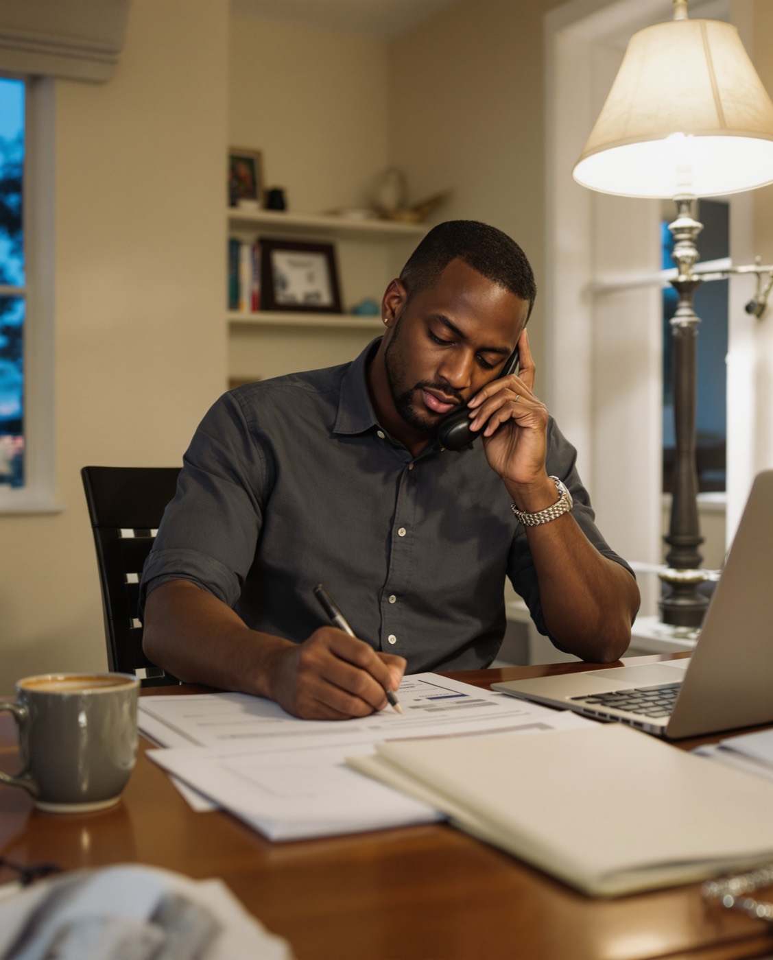 An insurance agent on a call at his kitchen table in the evening, writing on a client file
