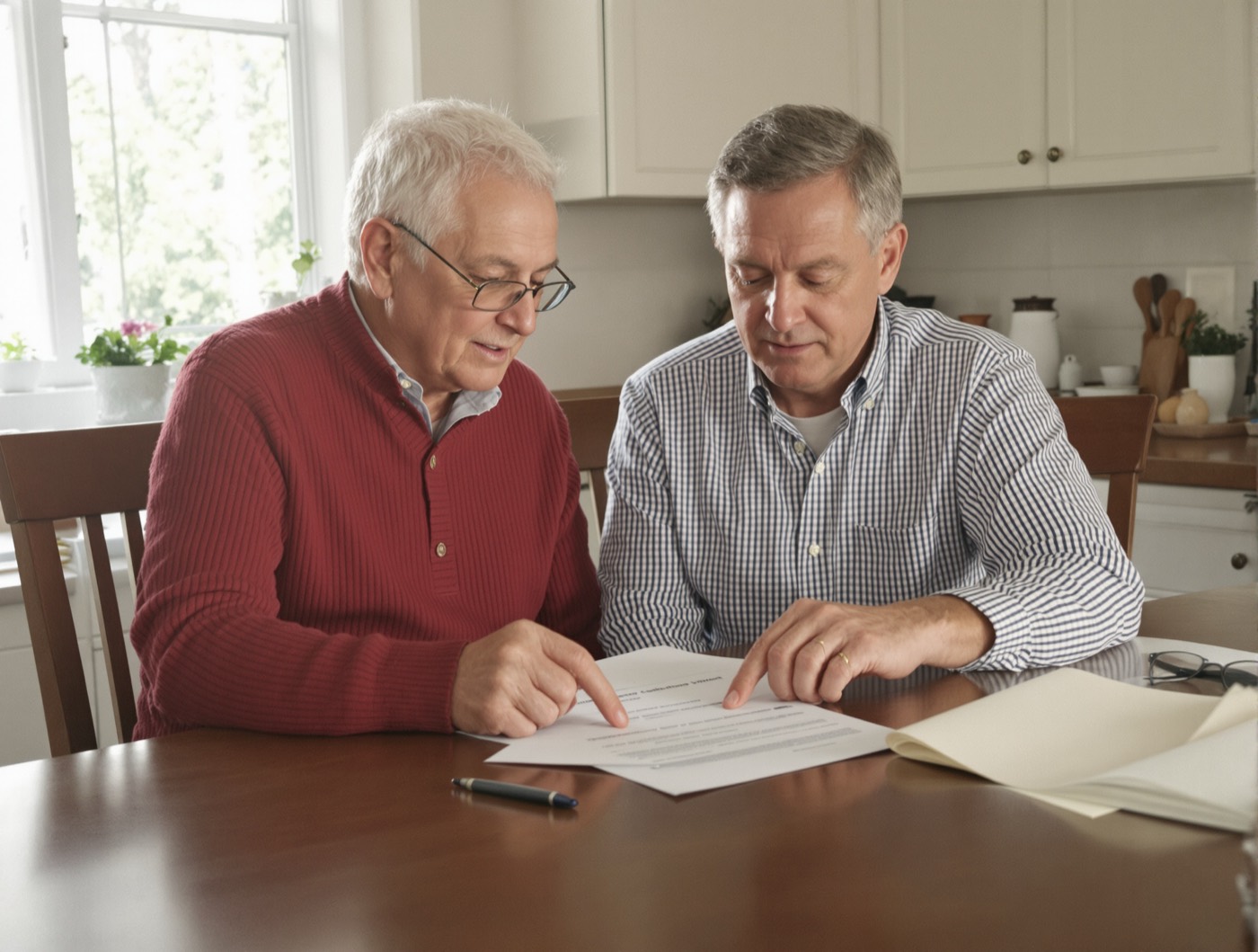 A couple at their kitchen table reading over one page of paperwork together